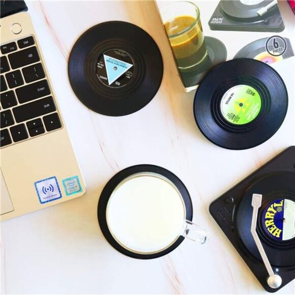 Funny Retro Record Coasters for Drinks with Vinyl Player Holder for Music - Picture 3 of 8